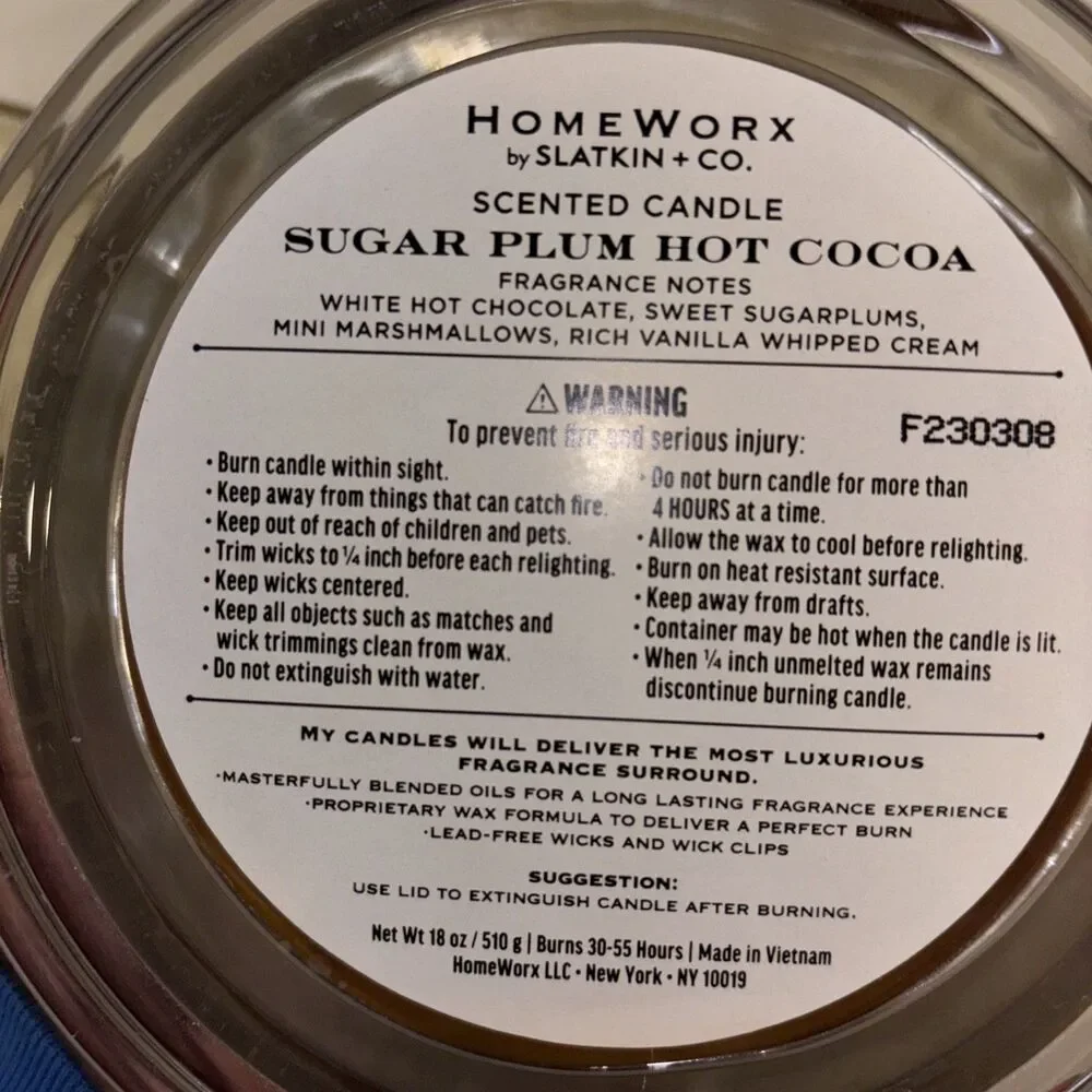 Homeworx Candle SUGAR PLUM HOT COCOA CRAN TEAK by Harry Slatkin 18 oz 4 Wick